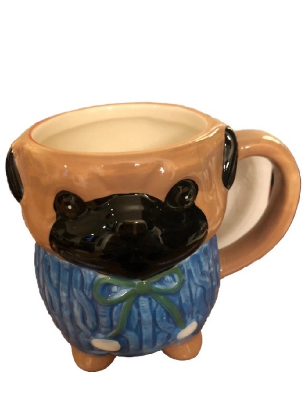 Anthropologie Pug Sculpted Ceramic Mug in Tan, Black & Blue